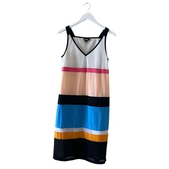DKNY Women’s Multi Color block Stripes Silk Blend V-Neck Strapless Dress S #1059 - Picture 1 of 13